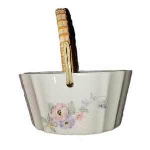 Russ 4939 Floral Ceramic Basket With Wicker Handle 4.5" Wide 2 5" Tall